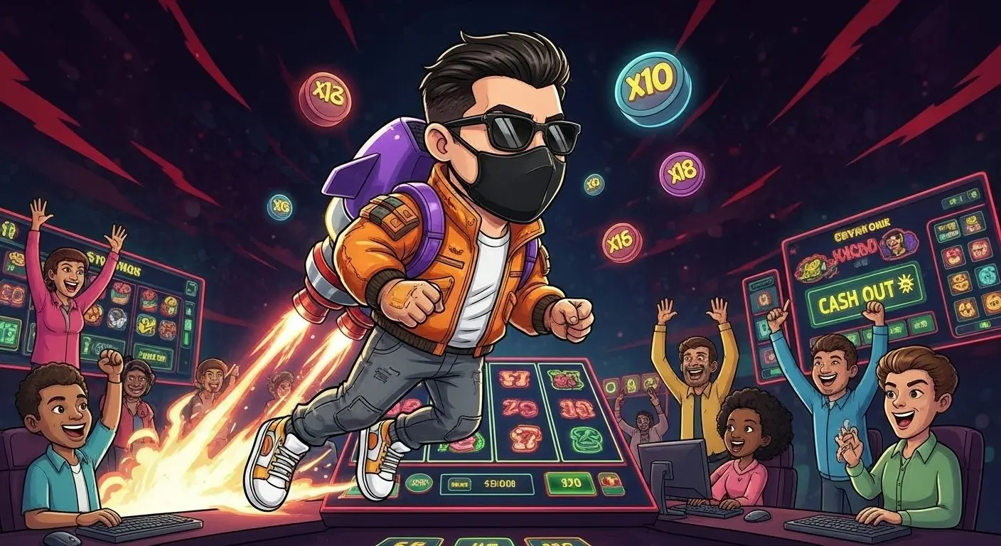 Multiplikatorlar bilan yuqoriga uchayotgan jetpack qahramoni va naqd qilish vaqtini tanlayotgan oʻyinchilar