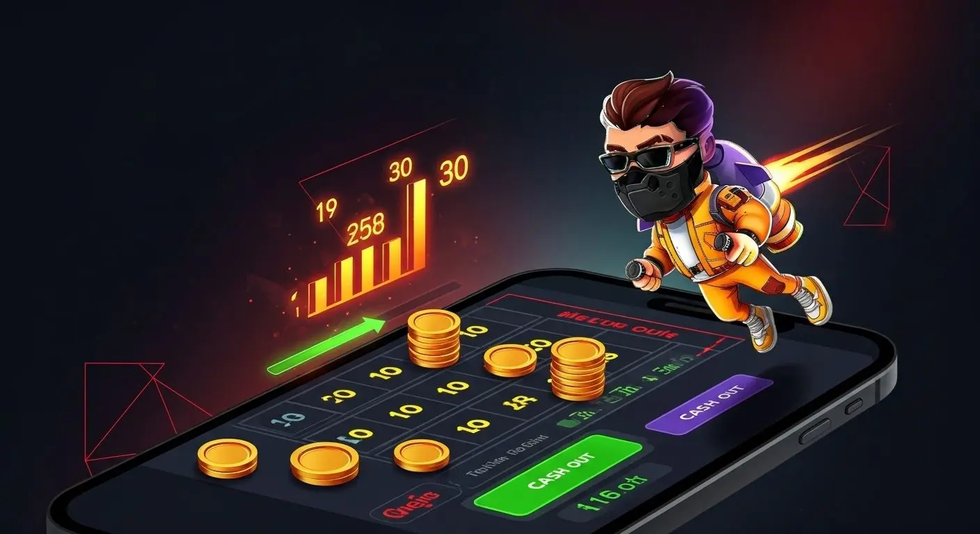 Lucky Jet asoslarini ko'rsatuvchi infografika: tikish, ko'paytirgichning o'sishi va cash-out